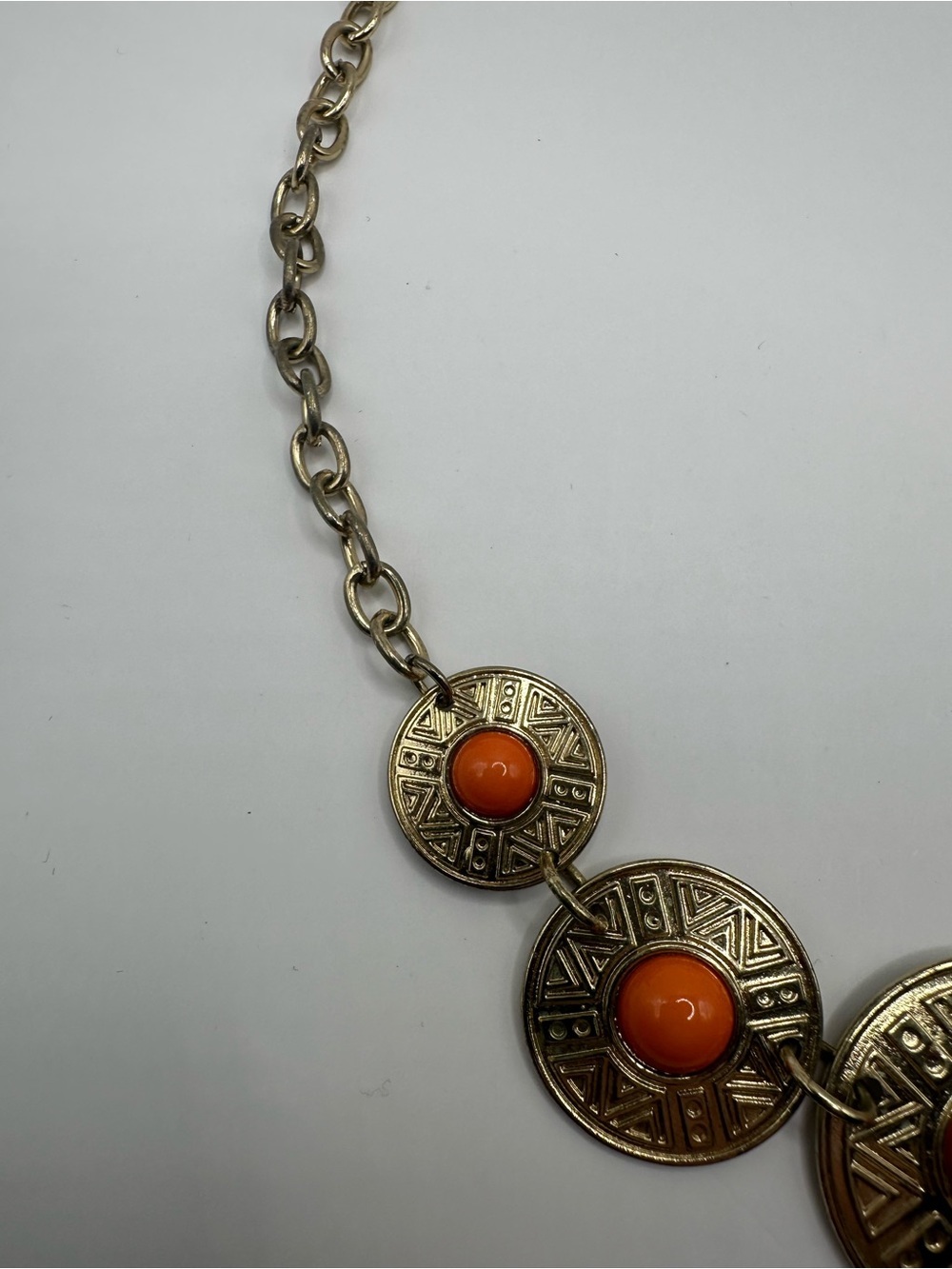 Vintage Gold Tone Orange Cabochon Geometric Etched Medallion Collar Necklace - Picture 4 of 6